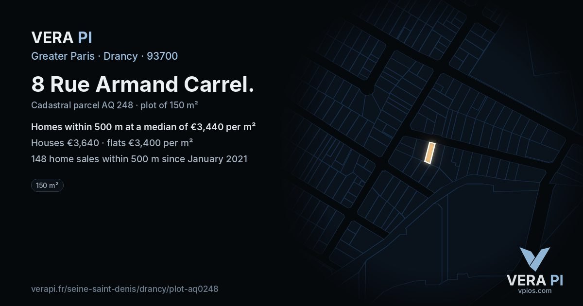 8 Rue Armand Carrel, Drancy at night – the plot lit, the parcels around coloured by the prices near them