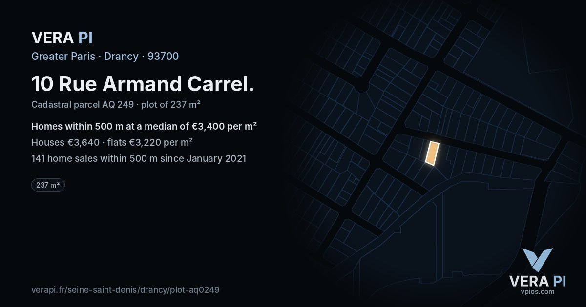 10 Rue Armand Carrel, Drancy at night – the plot lit, the parcels around coloured by the prices near them