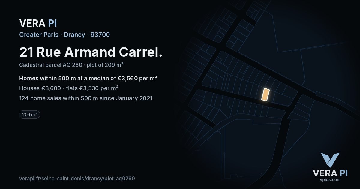 21 Rue Armand Carrel, Drancy at night – the plot lit, the parcels around coloured by the prices near them