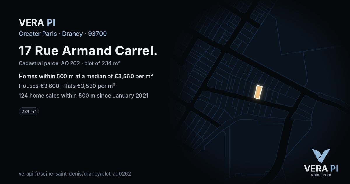 17 Rue Armand Carrel, Drancy at night – the plot lit, the parcels around coloured by the prices near them