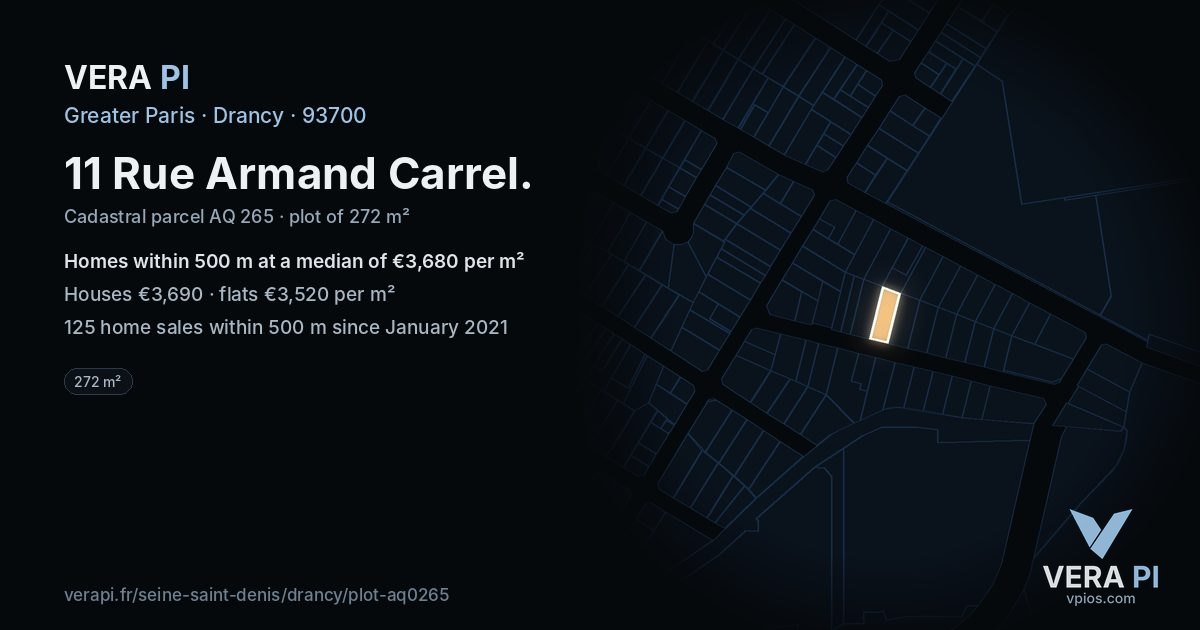 11 Rue Armand Carrel, Drancy at night – the plot lit, the parcels around coloured by the prices near them