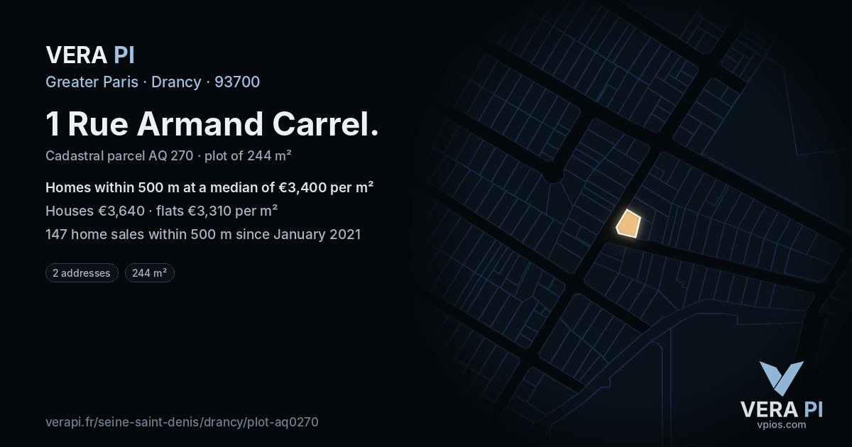 1 Rue Armand Carrel, Drancy at night – the plot lit, the parcels around coloured by the prices near them