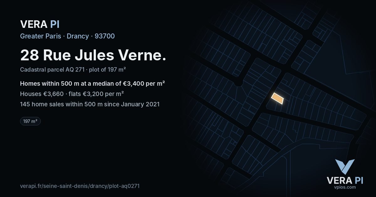 28 Rue Jules Verne, Drancy at night – the plot lit, the parcels around coloured by the prices near them