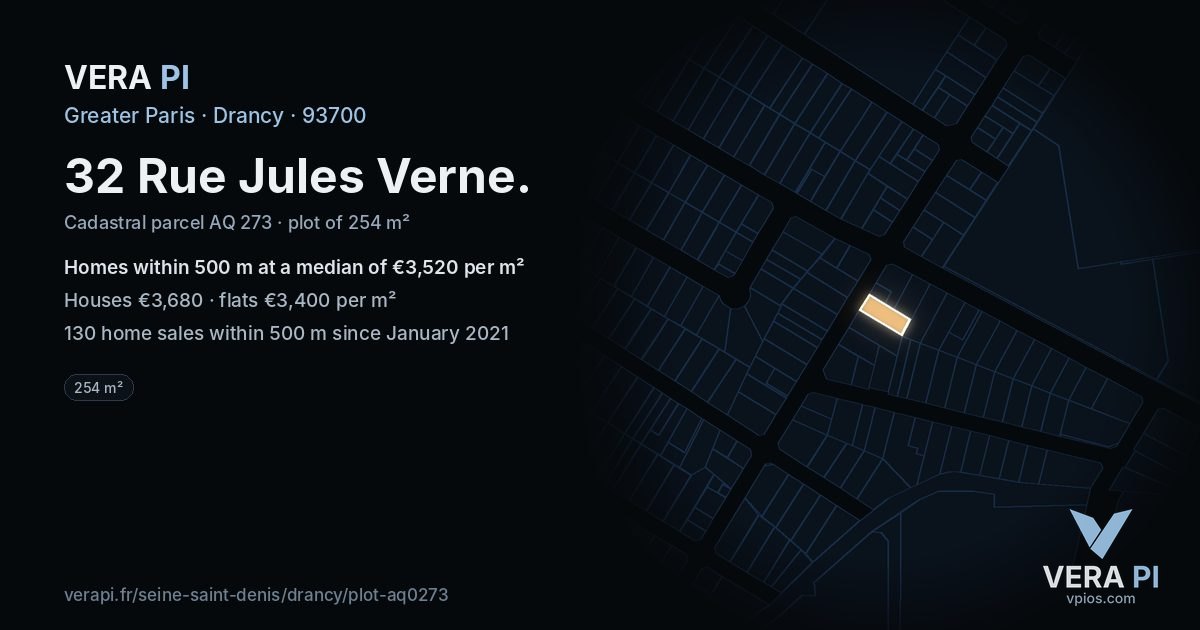 32 Rue Jules Verne, Drancy at night – the plot lit, the parcels around coloured by the prices near them