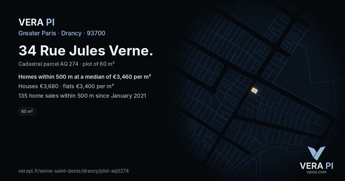 34 Rue Jules Verne, Drancy at night – the plot lit, the parcels around coloured by the prices near them