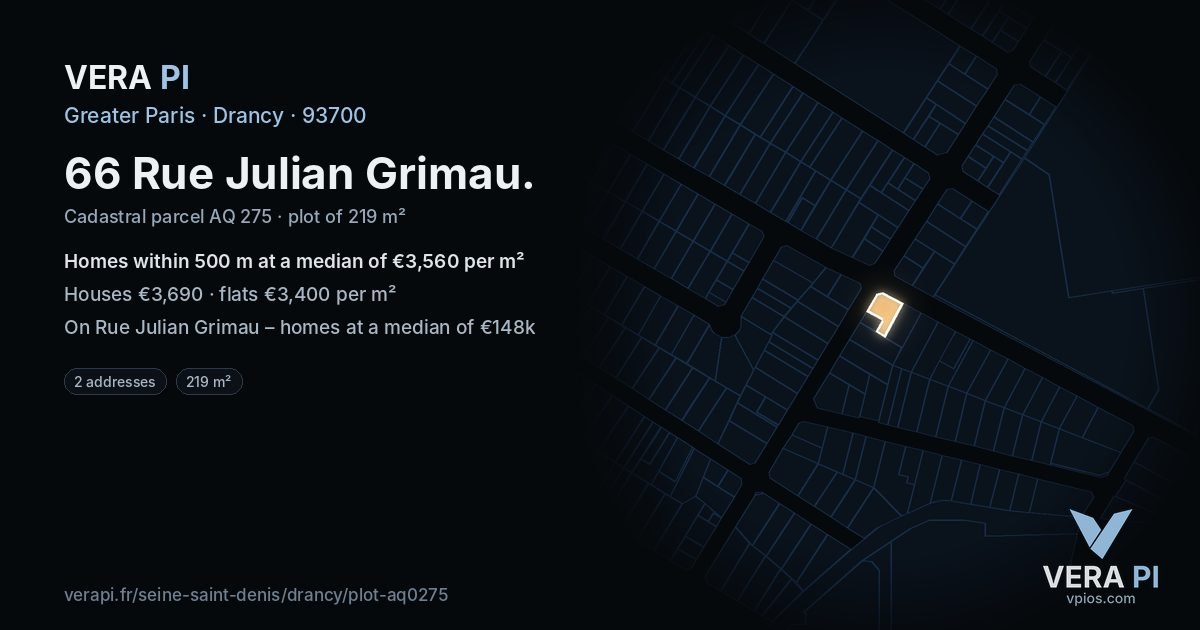 66 Rue Julian Grimau, Drancy at night – the plot lit, the parcels around coloured by the prices near them