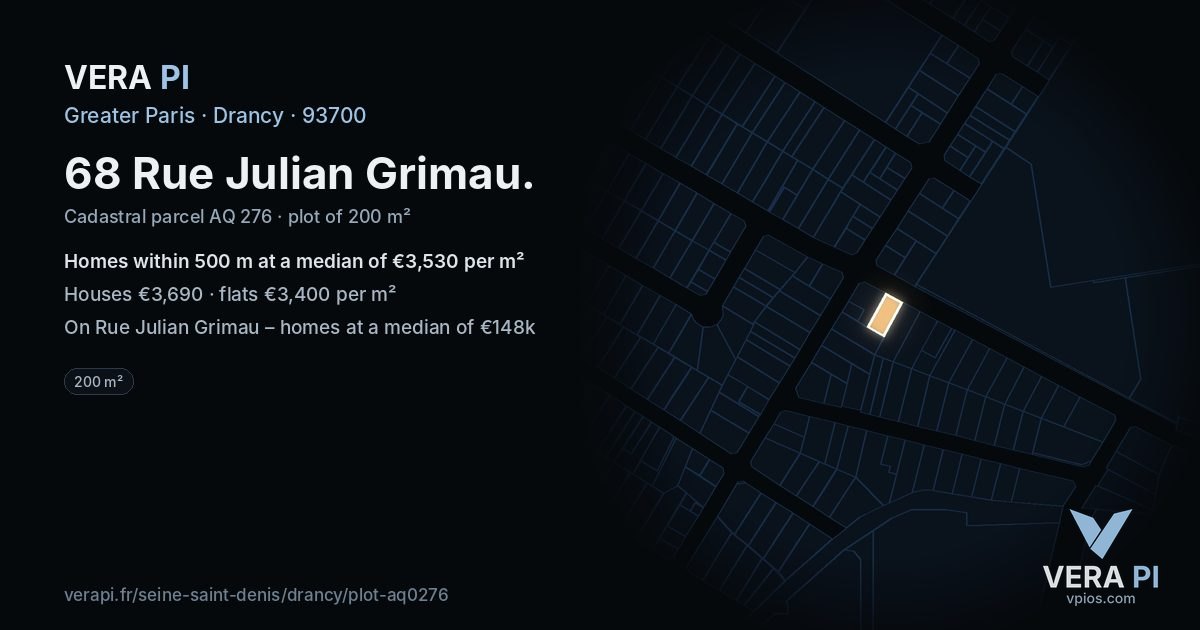 68 Rue Julian Grimau, Drancy at night – the plot lit, the parcels around coloured by the prices near them