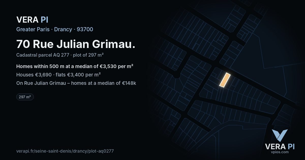 70 Rue Julian Grimau, Drancy at night – the plot lit, the parcels around coloured by the prices near them