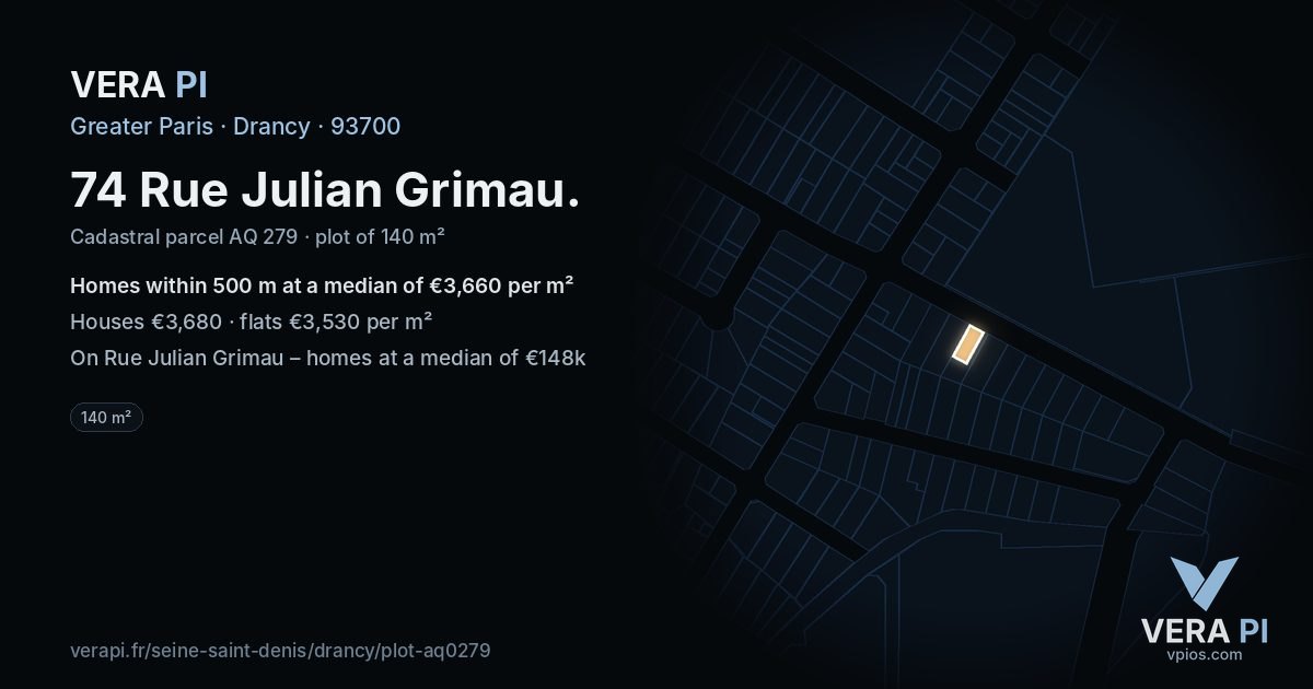 74 Rue Julian Grimau, Drancy at night – the plot lit, the parcels around coloured by the prices near them