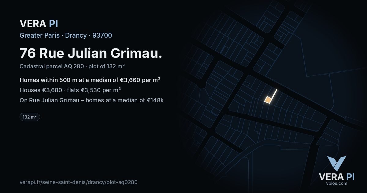 76 Rue Julian Grimau, Drancy at night – the plot lit, the parcels around coloured by the prices near them