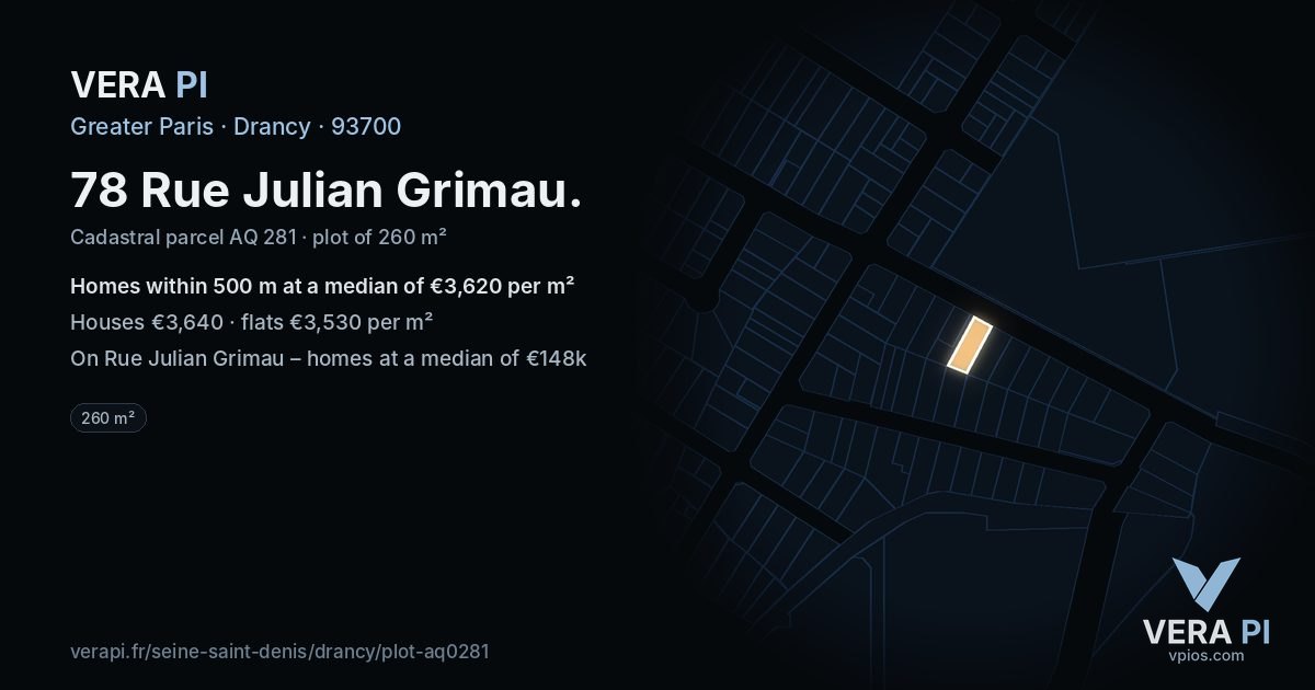78 Rue Julian Grimau, Drancy at night – the plot lit, the parcels around coloured by the prices near them