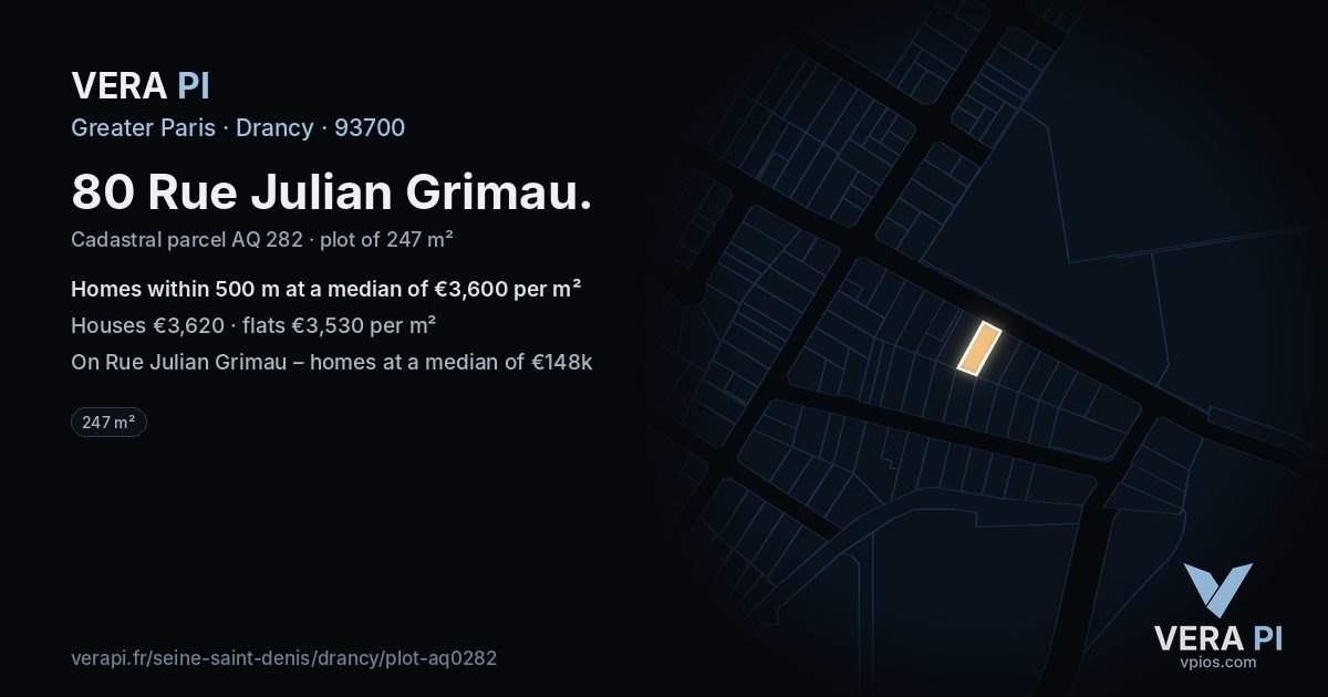 80 Rue Julian Grimau, Drancy at night – the plot lit, the parcels around coloured by the prices near them