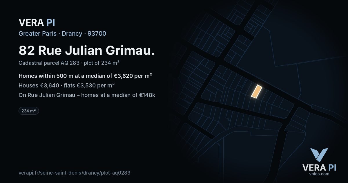 82 Rue Julian Grimau, Drancy at night – the plot lit, the parcels around coloured by the prices near them