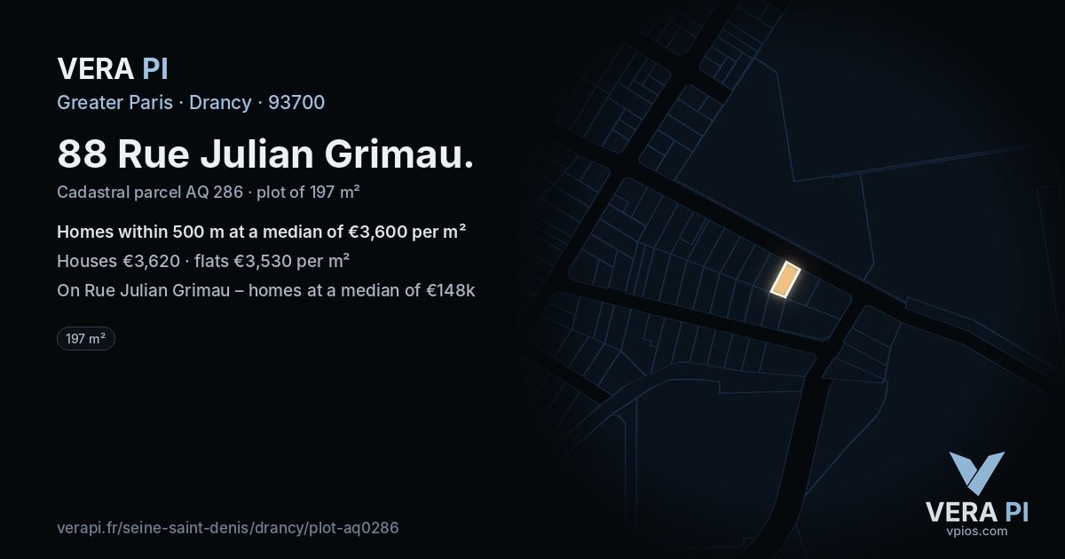 88 Rue Julian Grimau, Drancy at night – the plot lit, the parcels around coloured by the prices near them