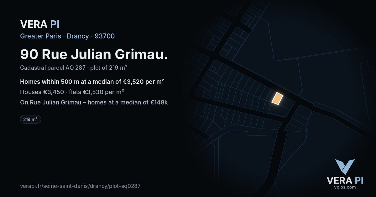 90 Rue Julian Grimau, Drancy at night – the plot lit, the parcels around coloured by the prices near them