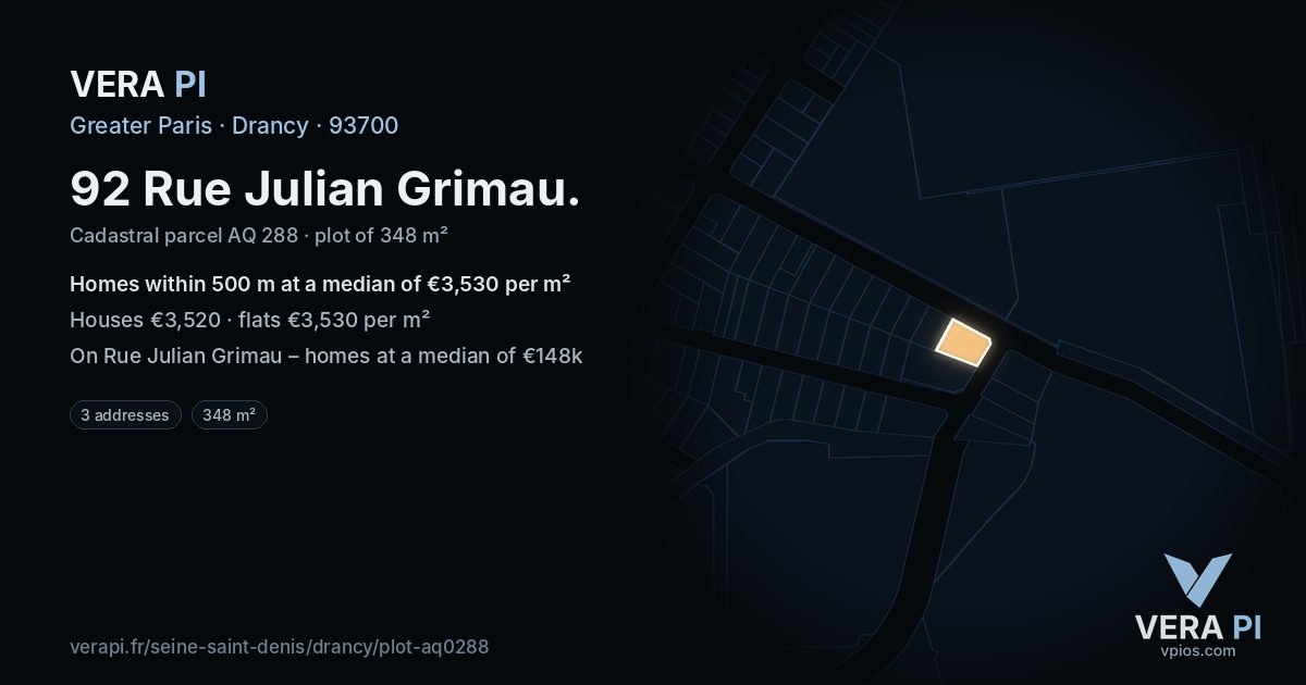 92 Rue Julian Grimau, Drancy at night – the plot lit, the parcels around coloured by the prices near them
