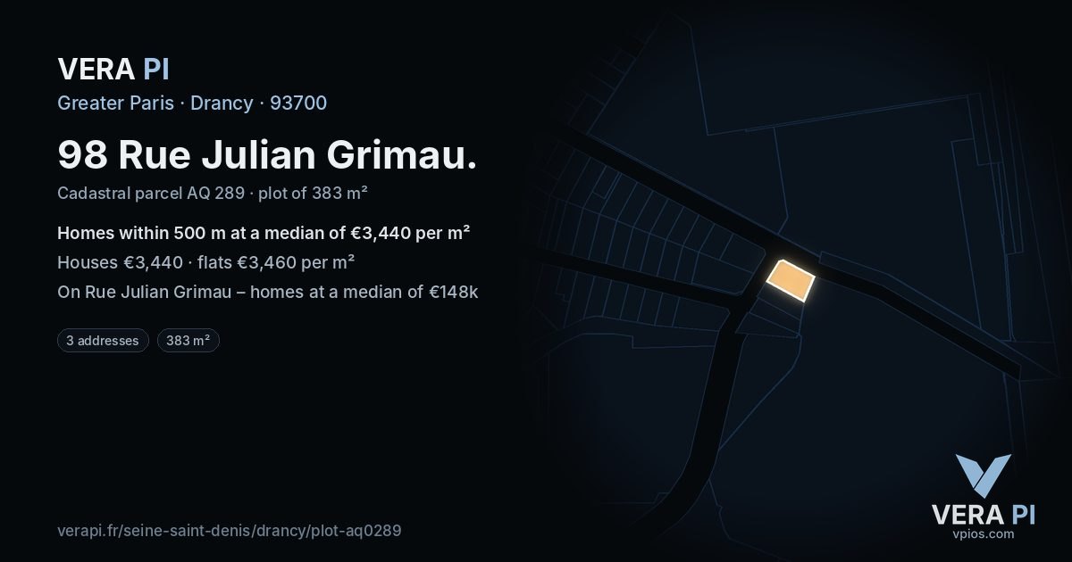 98 Rue Julian Grimau, Drancy at night – the plot lit, the parcels around coloured by the prices near them