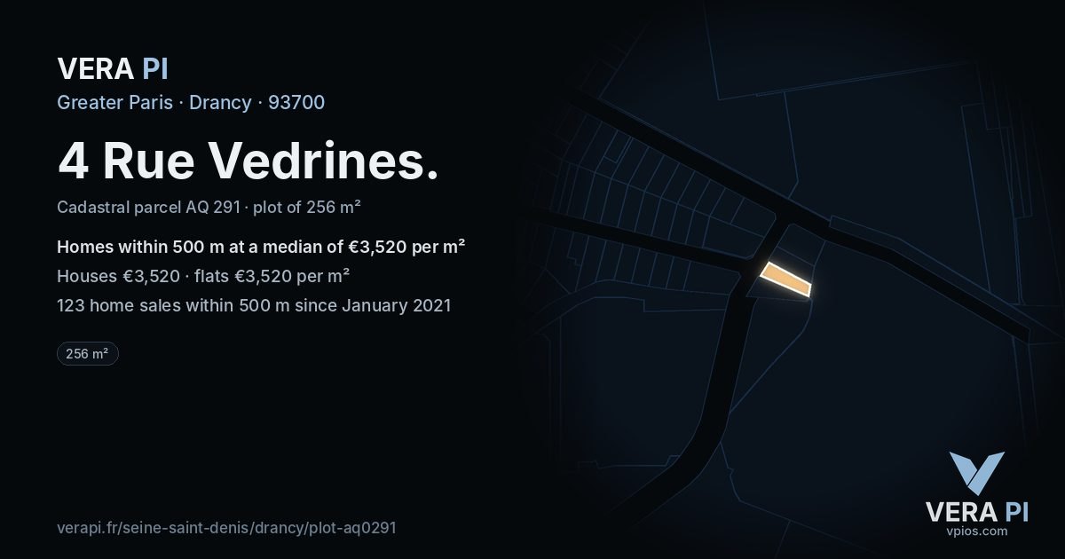 4 Rue Vedrines, Drancy at night – the plot lit, the parcels around coloured by the prices near them