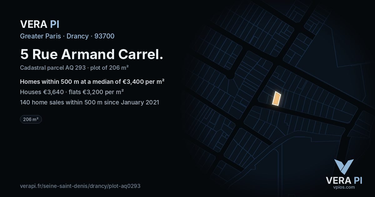 5 Rue Armand Carrel, Drancy at night – the plot lit, the parcels around coloured by the prices near them