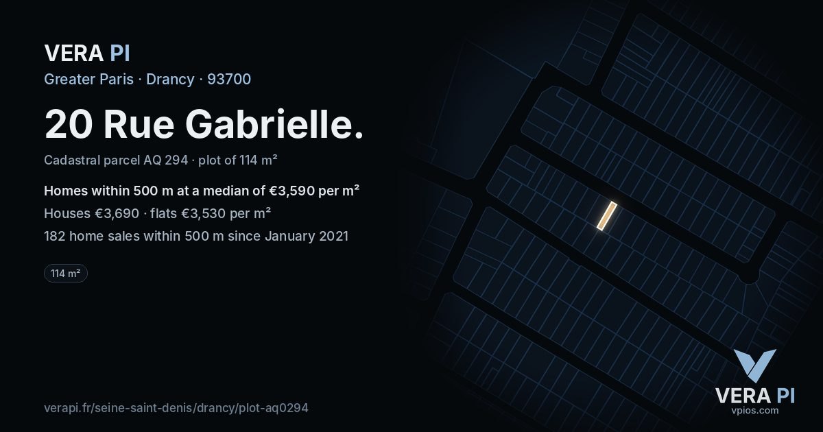 20 Rue Gabrielle, Drancy at night – the plot lit, the parcels around coloured by the prices near them