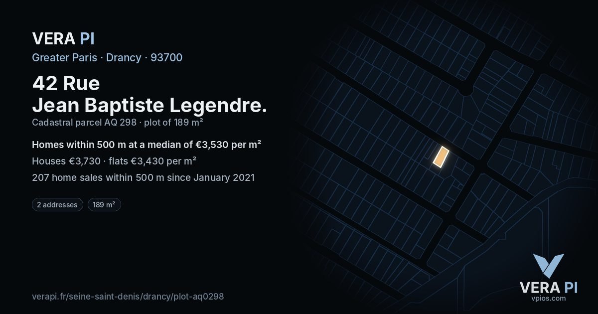 42 Rue Jean Baptiste Legendre, Drancy at night – the plot lit, the parcels around coloured by the prices near them