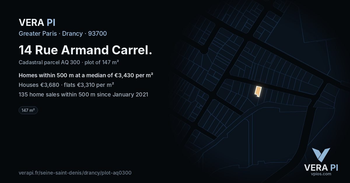 14 Rue Armand Carrel, Drancy at night – the plot lit, the parcels around coloured by the prices near them
