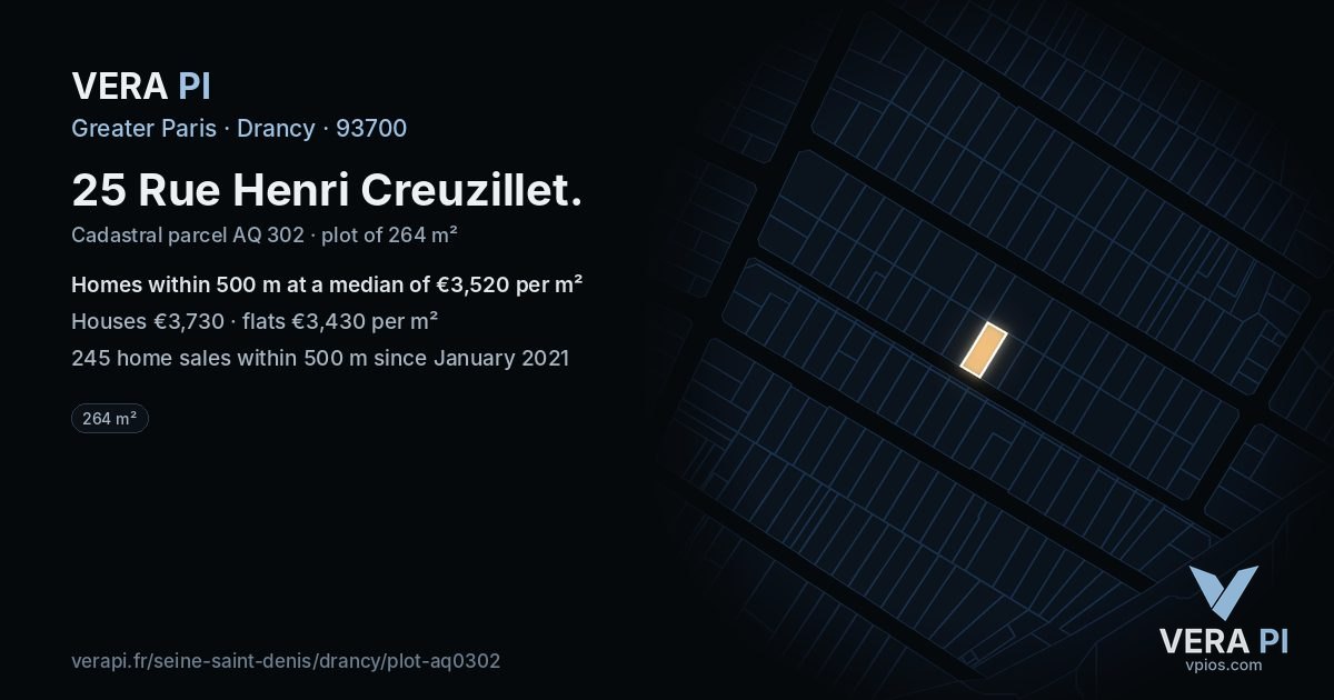 25 Rue Henri Creuzillet, Drancy at night – the plot lit, the parcels around coloured by the prices near them