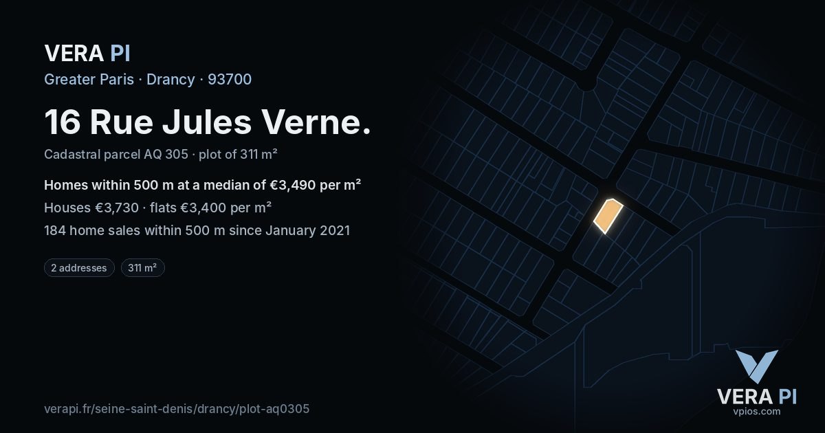 16 Rue Jules Verne, Drancy at night – the plot lit, the parcels around coloured by the prices near them