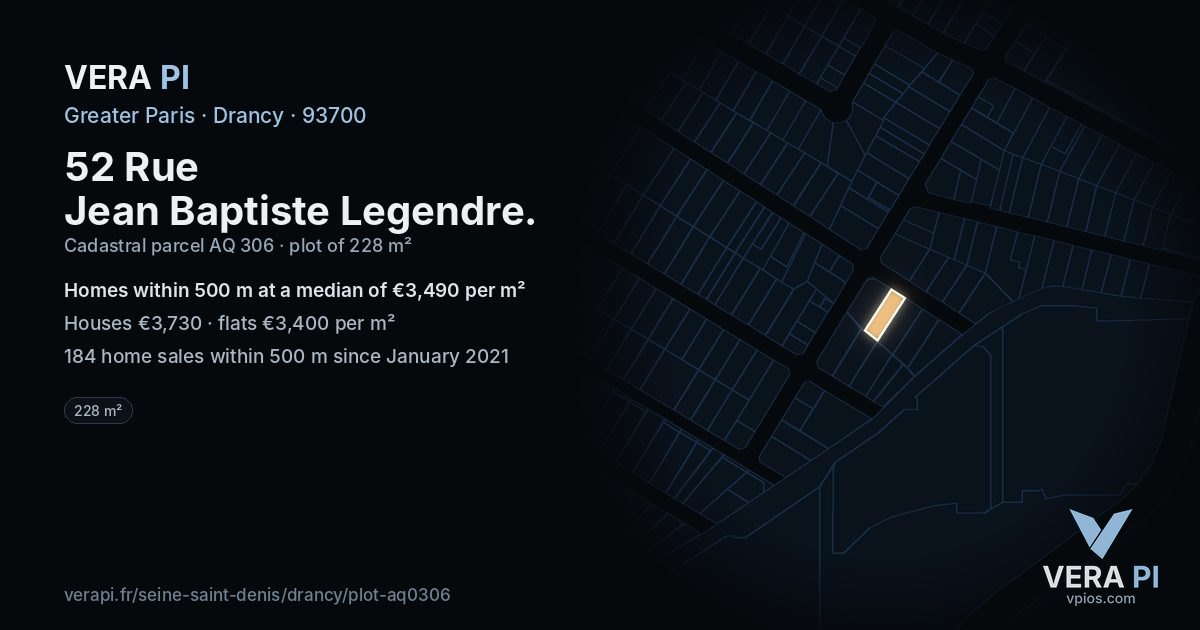 52 Rue Jean Baptiste Legendre, Drancy at night – the plot lit, the parcels around coloured by the prices near them