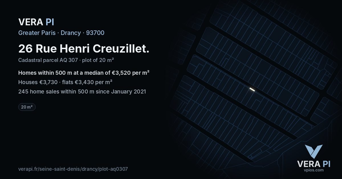 26 Rue Henri Creuzillet, Drancy at night – the plot lit, the parcels around coloured by the prices near them