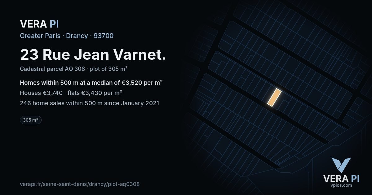 23 Rue Jean Varnet, Drancy at night – the plot lit, the parcels around coloured by the prices near them