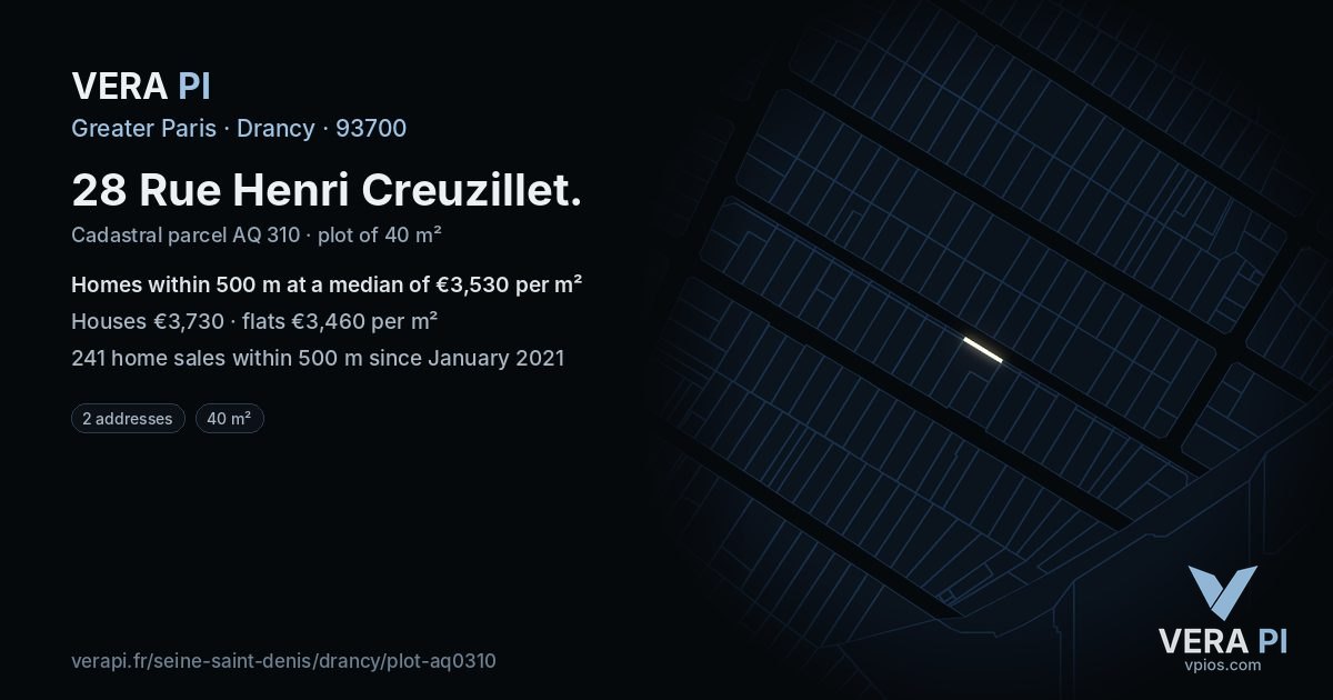 28 Rue Henri Creuzillet, Drancy at night – the plot lit, the parcels around coloured by the prices near them