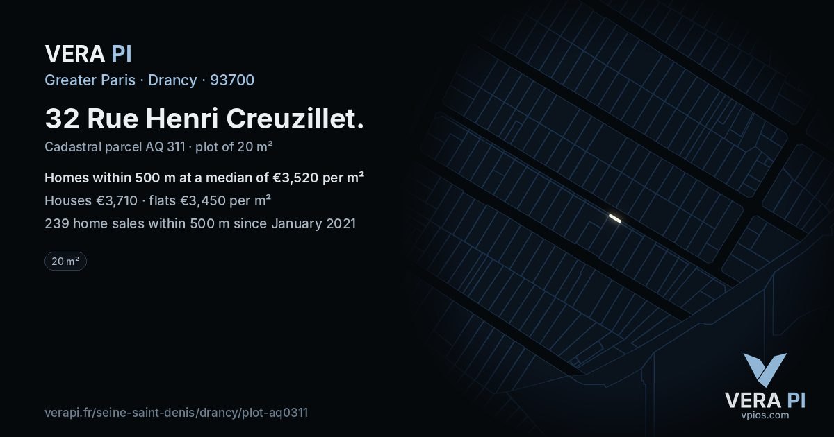 32 Rue Henri Creuzillet, Drancy at night – the plot lit, the parcels around coloured by the prices near them
