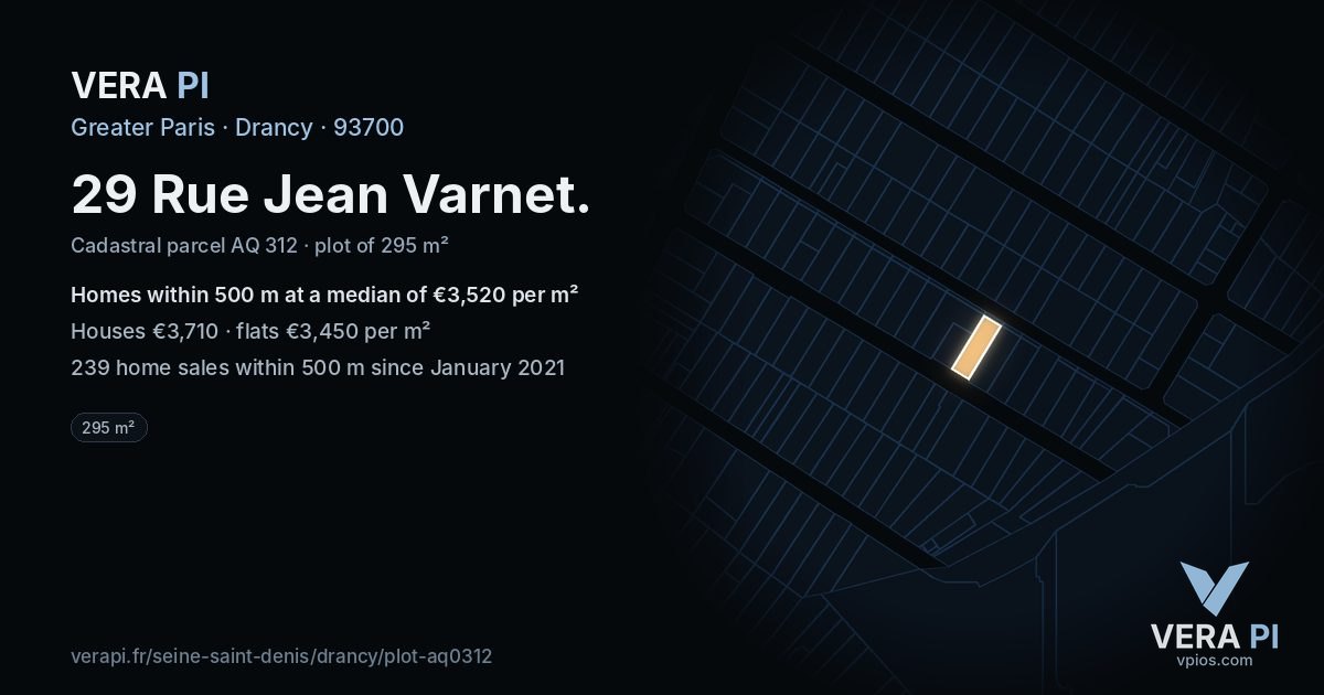 29 Rue Jean Varnet, Drancy at night – the plot lit, the parcels around coloured by the prices near them
