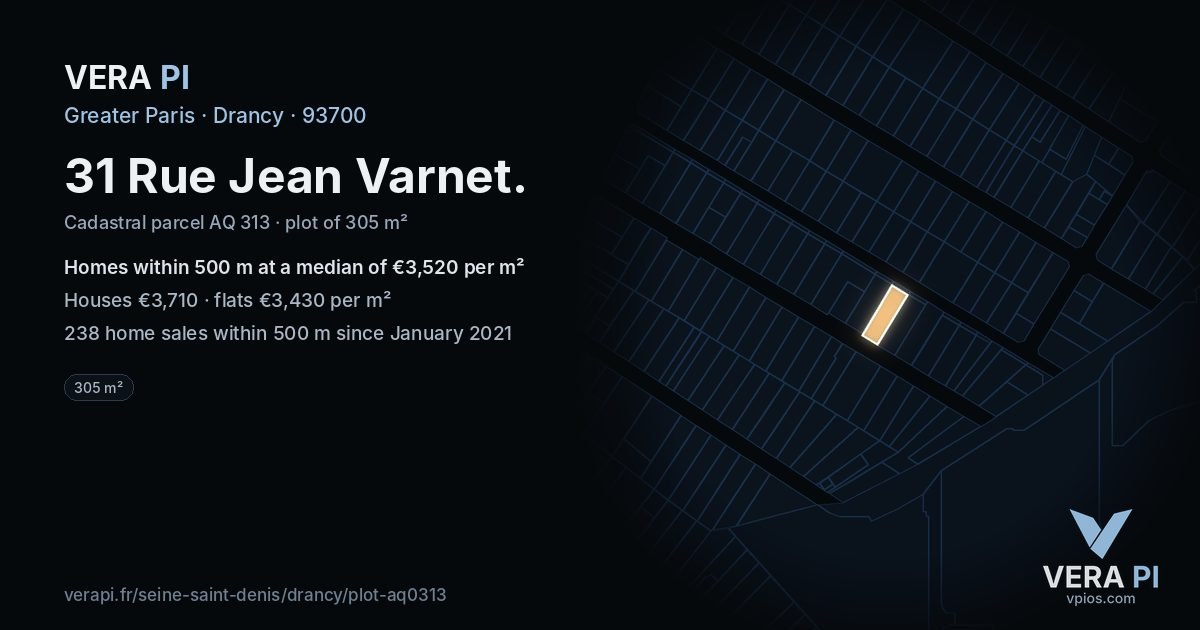 31 Rue Jean Varnet, Drancy at night – the plot lit, the parcels around coloured by the prices near them