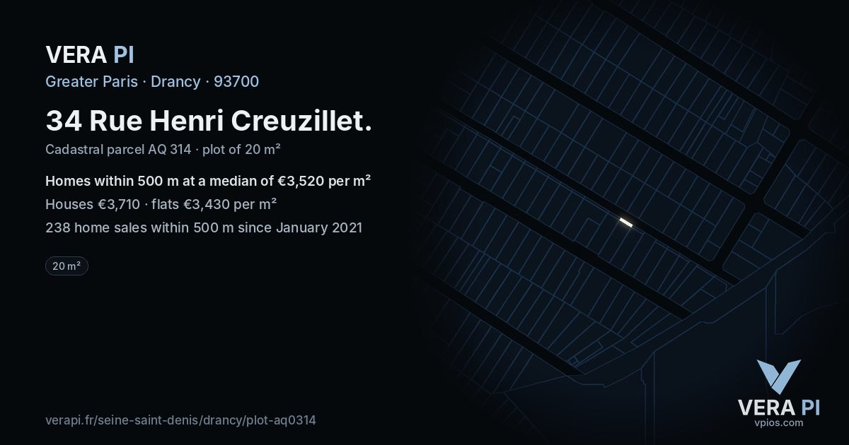 34 Rue Henri Creuzillet, Drancy at night – the plot lit, the parcels around coloured by the prices near them