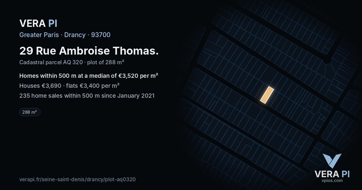 29 Rue Ambroise Thomas, Drancy at night – the plot lit, the parcels around coloured by the prices near them