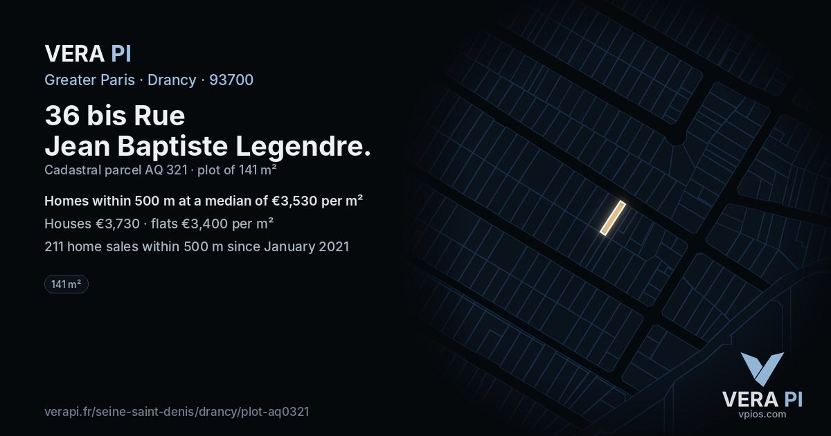 36 bis Rue Jean Baptiste Legendre, Drancy at night – the plot lit, the parcels around coloured by the prices near them