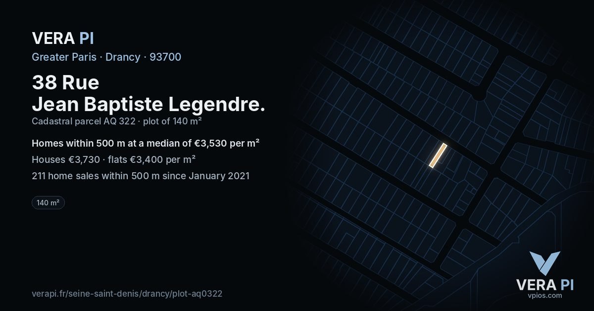 38 Rue Jean Baptiste Legendre, Drancy at night – the plot lit, the parcels around coloured by the prices near them