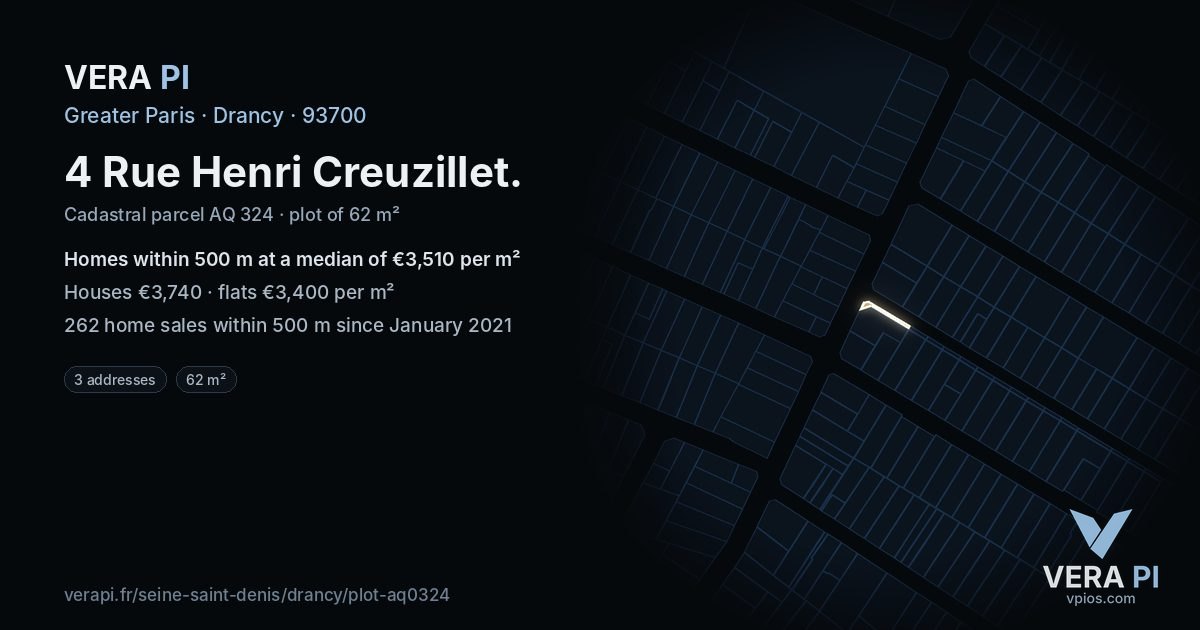 4 Rue Henri Creuzillet, Drancy at night – the plot lit, the parcels around coloured by the prices near them