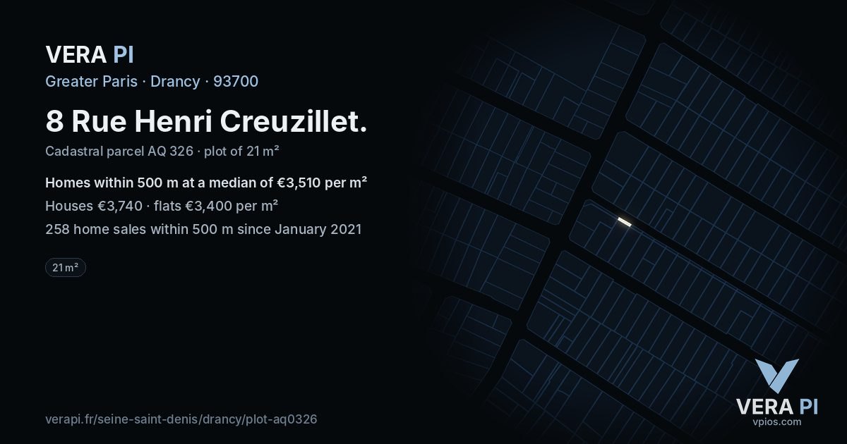 8 Rue Henri Creuzillet, Drancy at night – the plot lit, the parcels around coloured by the prices near them
