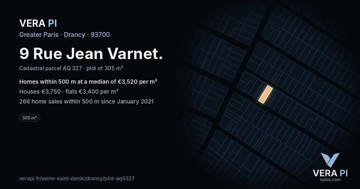 9 Rue Jean Varnet, Drancy at night – the plot lit, the parcels around coloured by the prices near them