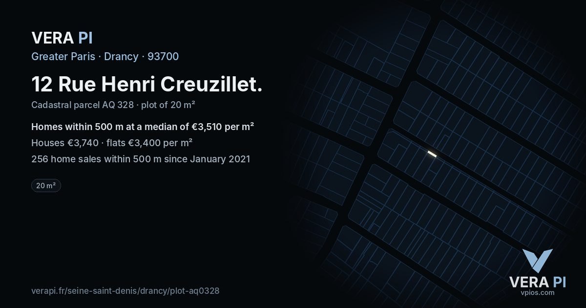 12 Rue Henri Creuzillet, Drancy at night – the plot lit, the parcels around coloured by the prices near them