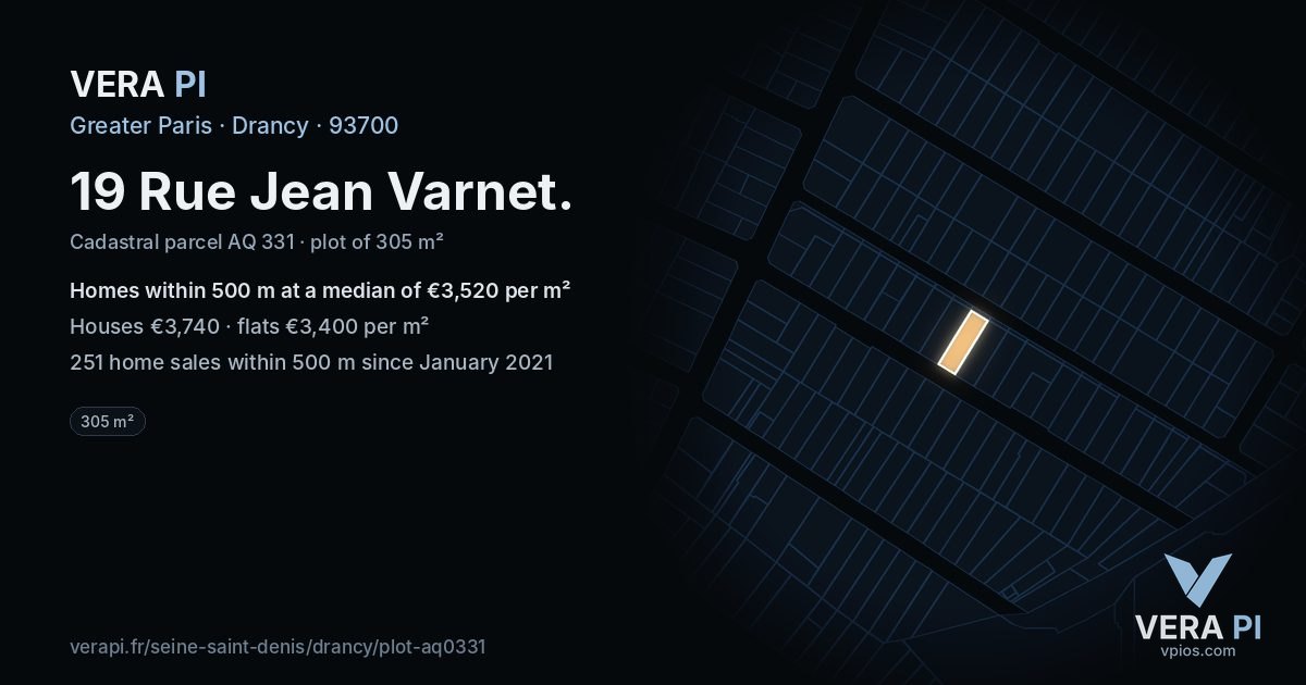 19 Rue Jean Varnet, Drancy at night – the plot lit, the parcels around coloured by the prices near them
