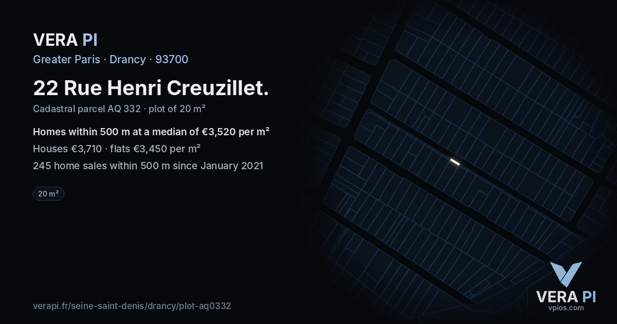 22 Rue Henri Creuzillet, Drancy at night – the plot lit, the parcels around coloured by the prices near them