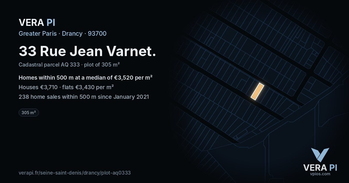 33 Rue Jean Varnet, Drancy at night – the plot lit, the parcels around coloured by the prices near them