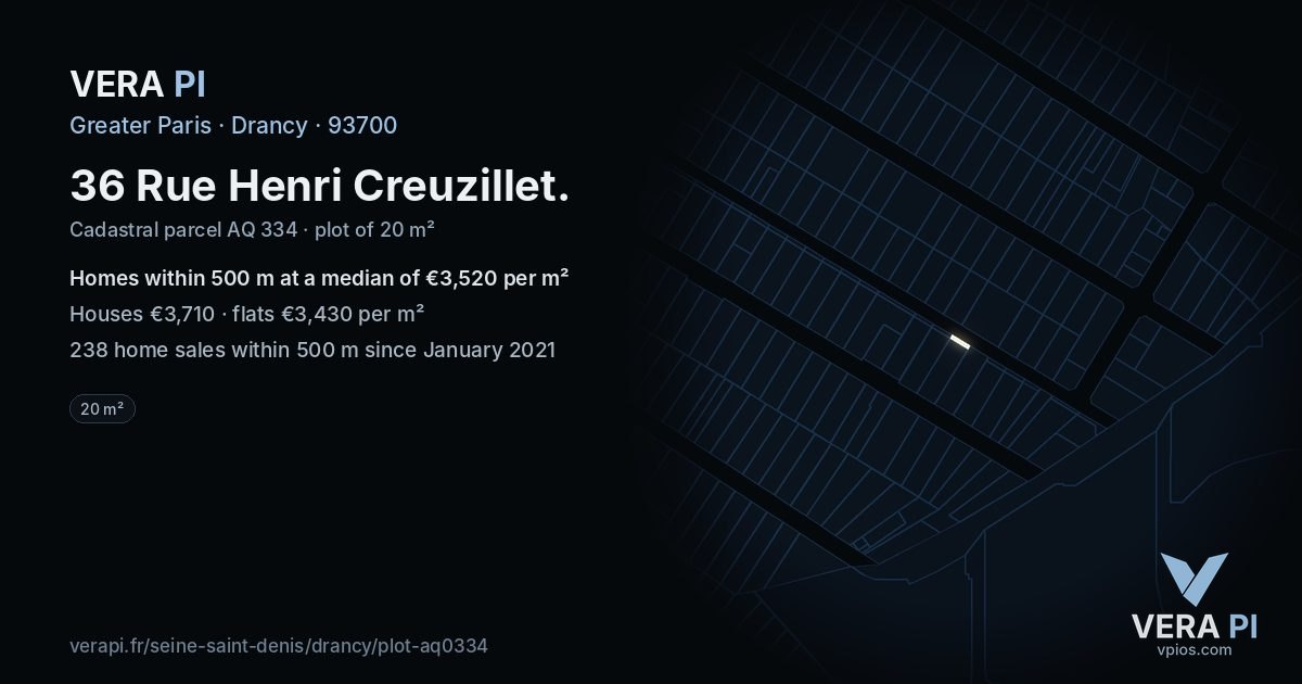 36 Rue Henri Creuzillet, Drancy at night – the plot lit, the parcels around coloured by the prices near them