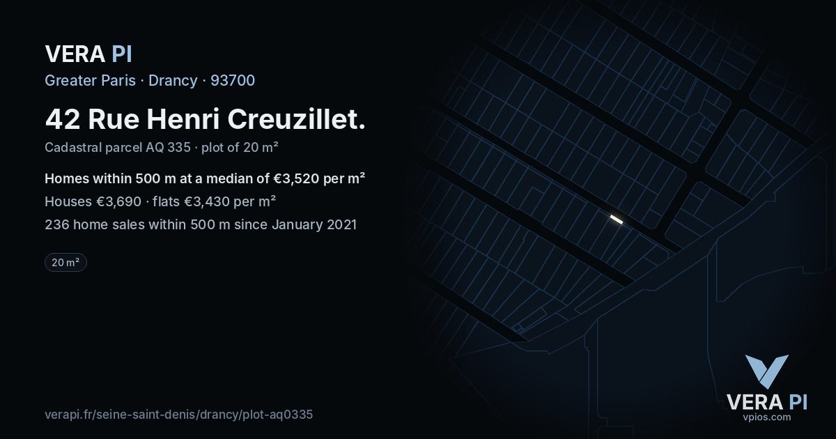 42 Rue Henri Creuzillet, Drancy at night – the plot lit, the parcels around coloured by the prices near them
