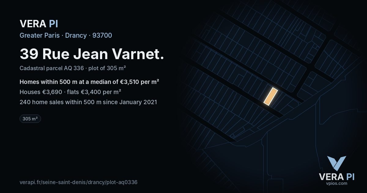 39 Rue Jean Varnet, Drancy at night – the plot lit, the parcels around coloured by the prices near them