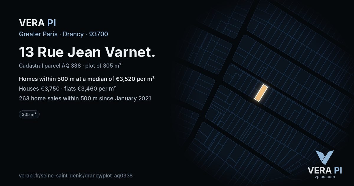 13 Rue Jean Varnet, Drancy at night – the plot lit, the parcels around coloured by the prices near them